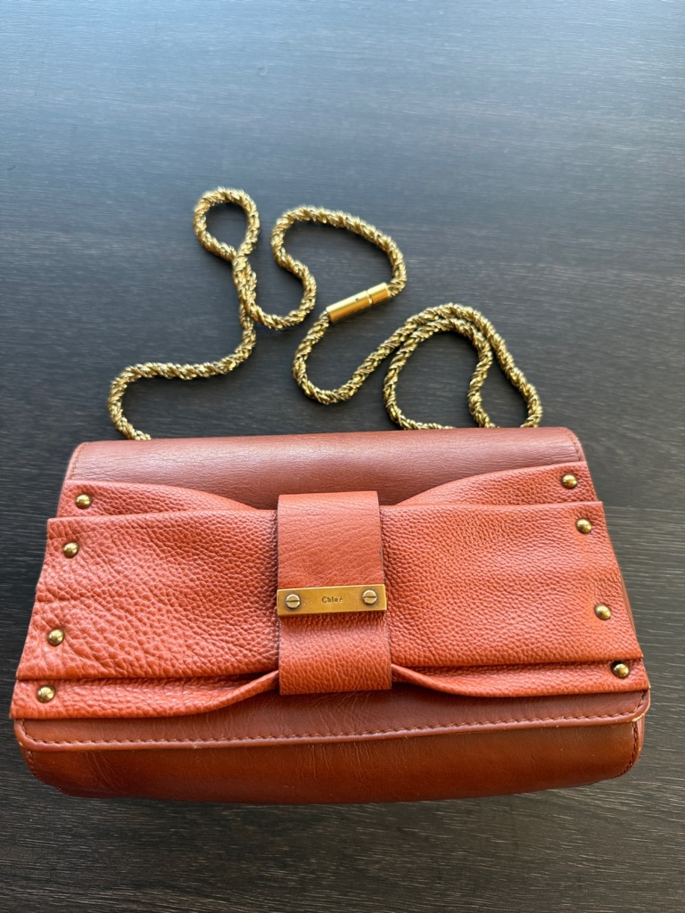 Chloe Brown Leather Crossbody with Gold Chain